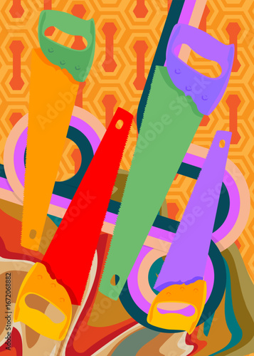 Retro 70s Background with Saw. Groovy woodwork 1970s art template. Minimalistic Vintage design poster. Old-fashioned color artwork.