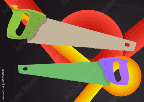 Retro 70s Background with Saw. Groovy woodwork 1970s art template. Minimalistic Vintage design poster. Old-fashioned color artwork.