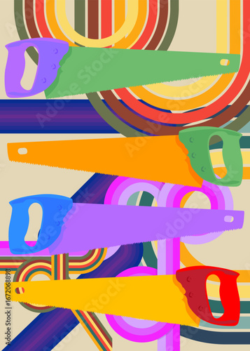 Retro 70s Background with Saw. Groovy woodwork 1970s art template. Minimalistic Vintage design poster. Old-fashioned color artwork.