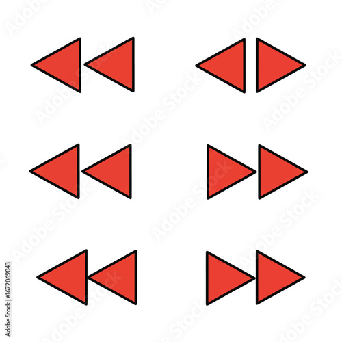 Red rewind arrows pointing left arranged in a grid pattern on a white surface representing playback controls and navigation for media players.