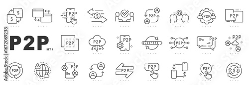 Peer-to-peer P2P line icons for digital payments, transfers, remittance, mobile app networks, decentralized transactions, wallet, exchange, chat, security, editable stroke