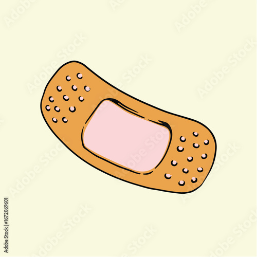 Vector illustration of a cartoon adhesive bandage or medical plaster. Simple and cute design suitable for healthcare, first aid, safety, hospital, clinic, children’s medical theme, and educational pro