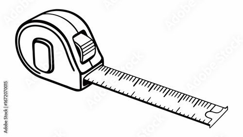 Illustration of a retractable measuring tape showing the blade extended in a black and white drawing created with generated ai