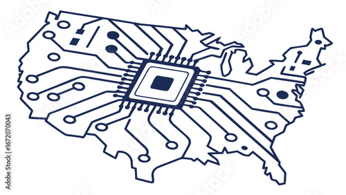 United states map overlaid with a circuit board pattern in blue on a white background visual created with generated ai