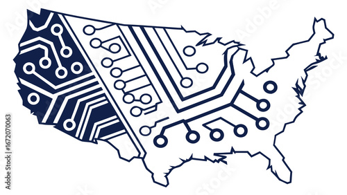 United states map filled with a circuit board pattern in blue and white on a white background created with generated ai