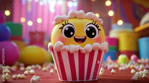 Cheerful Cartoon Popcorn Character Surrounded by Colorful Circus Decor, Perfect for Fun and Whimsical Food Themes in Stock Photography Collections