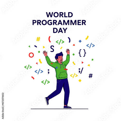 Excited programmer celebrates World Programmer Day amidst coding symbols and confetti