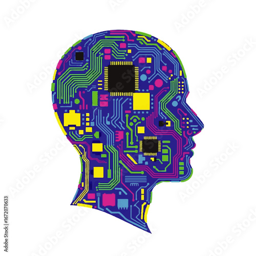 A stylized human head profile filled with colorful circuit board design elements, symbolizing artificial intelligence or technological integration with the human mind