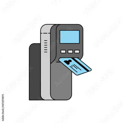 Atm machine dispensing a credit card on white backdrop, representing financial transactions and modern banking services with a clean, minimalist style.