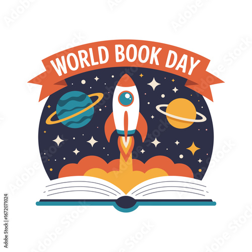 World Book Day illustration with rocket launching from open book, planets and stars, imagination, reading, education, space exploration, learning vector design.