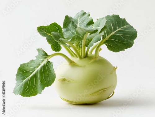 fresh kohlrabi with green leaves on white background