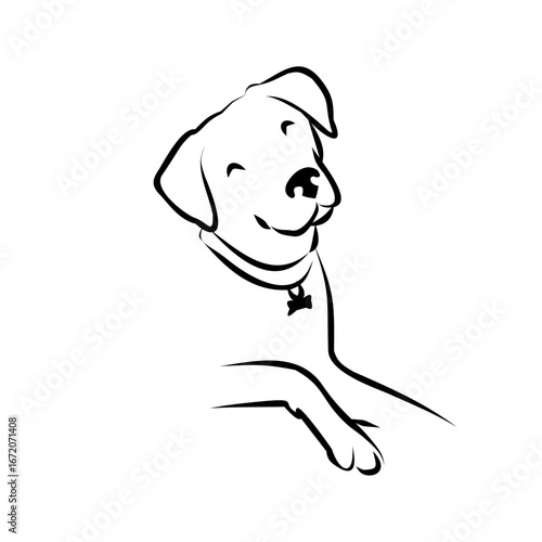Minimalist line art illustration of a happy and friendly dog with a joyful expression, capturing the endearing spirit of a domestic pet