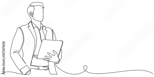businessman with laptop one line vector illustration