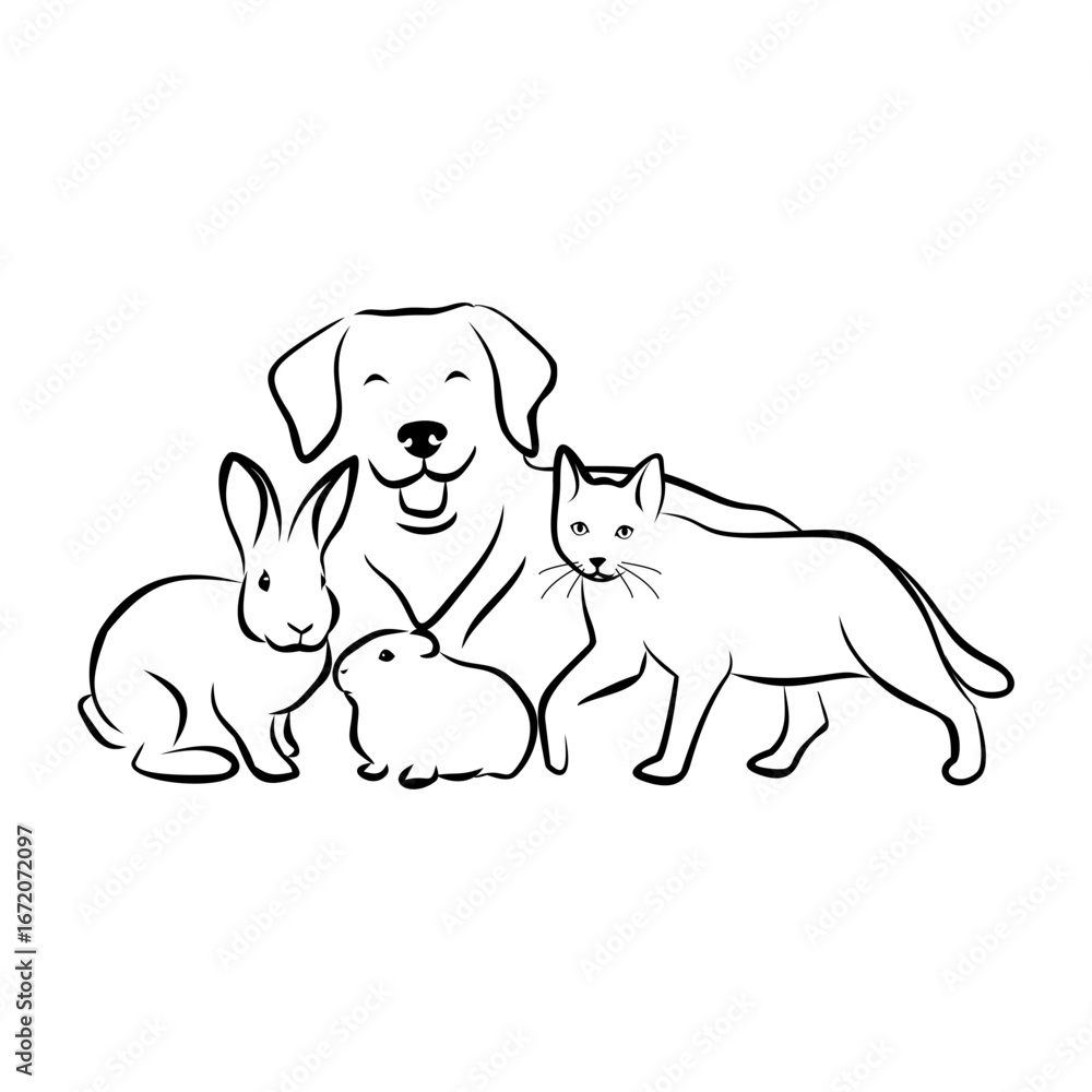 Obraz premium Happy Dog, Cat, Rabbit, and Guinea Pig illustration is a perfect choice for any animal lover or pet-themed project