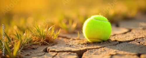 A bright yellow tennis ball rests on sun-baked, cracked earth, surrounded by dry, golden grass; a quintessential image of summer heat and outdoor sport , holiday, sporting goods, heat