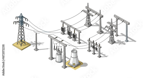 Isometric power substation with transformers and high voltage towers
