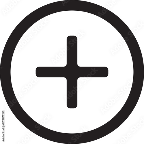 A black plus sign icon centered within a black circular outline on a white background, symbolizing addition or positive action.
