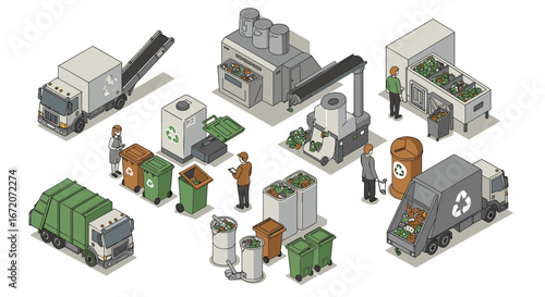 Detailed isometric recycling scene with waste processing equipment and workers