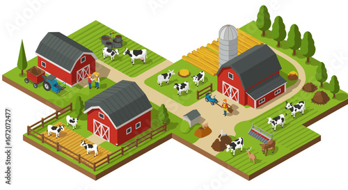 Isometric farming scene with red barns, tractors, and cows in vibrant countryside
