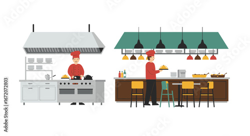 Modern restaurant kitchen scene with chefs cooking and serving under stylish lighting