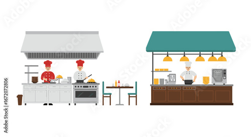 Modern restaurant kitchen and cafe counter scene with staff characters