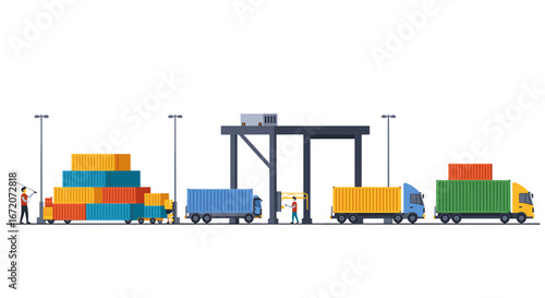 Cargo logistics and transportation in flat style with trucks and containers