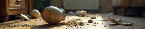 A broken vase lies on the floor, amidst scattered belongings, suggesting a scene of domestic turmoil and upheaval , fight, broken vase, physical abuse