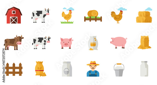 Farm life icon set featuring animals, barn, farmer, hay, and milk