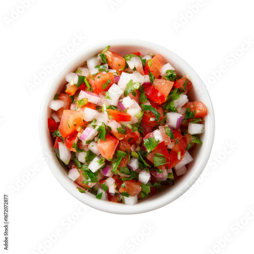 Fresh Pico de Gallo in a White Bowl, Overhead Shot