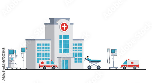 Modern hospital building with ambulances and medical equipment in flat design