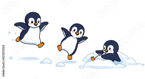 Playful cartoon penguins jumping and sliding on ice.