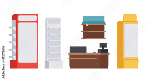 Colorful retail display shelves and counters in flat design