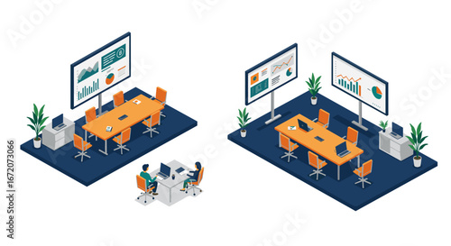 Modern isometric office meeting room with digital presentation screens and furnishings