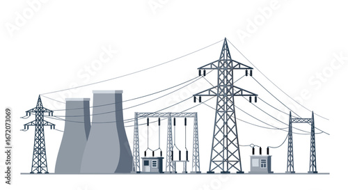 Modern power plant with transmission towers and cooling towers