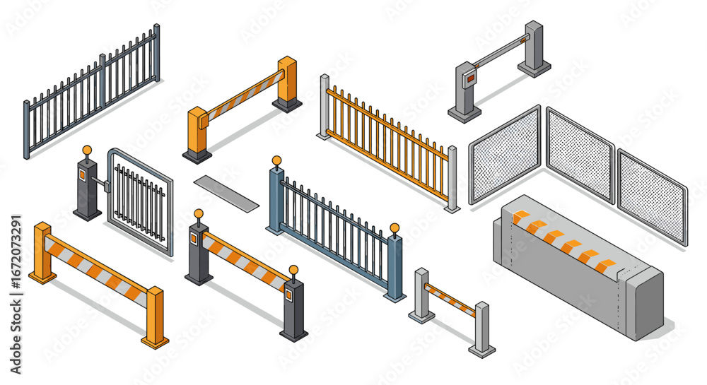 Obraz premium Isometric collection of security and traffic barriers for urban design