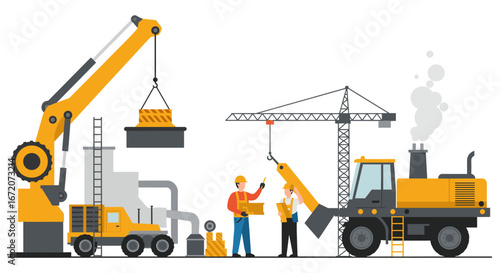 Construction machinery and workers in a flat industrial scene with crane and excavator