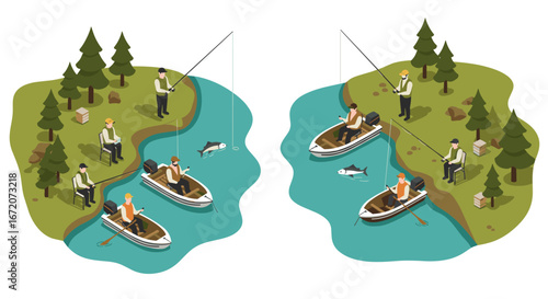 Fishing adventure in isometric style with boats and nature