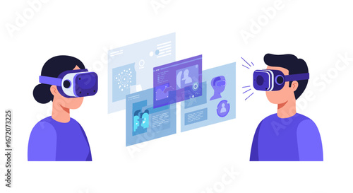 Virtual reality interaction between people with headsets and digital displays