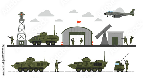 Military base silhouette with vehicles and soldiers under cloudy sky