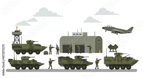 Military vehicles and soldiers in modern flat design at base with radar and jet