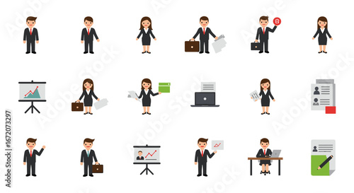 Business professional icons set featuring characters in office situations