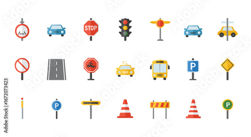Colorful flat design traffic and road signs collection for modern infographics