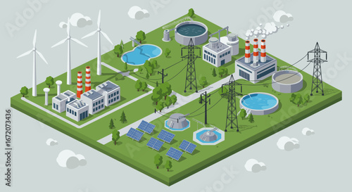 Sustainable energy park with wind turbines, solar panels, and power plants in isometric design
