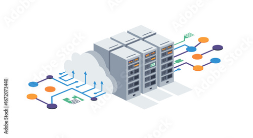 Isometric data center with cloud network and server connections