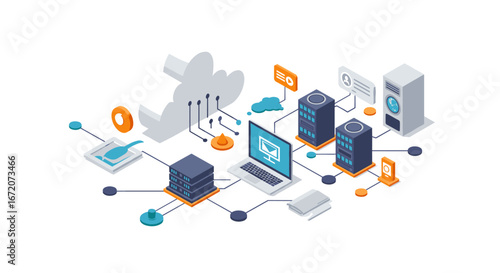 Cloud computing infrastructure and data network in isometric design