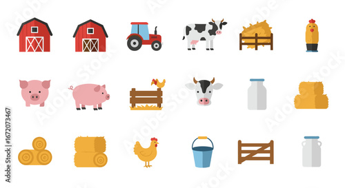 Colorful farm icons featuring animals, barns, and equipment for rural themes