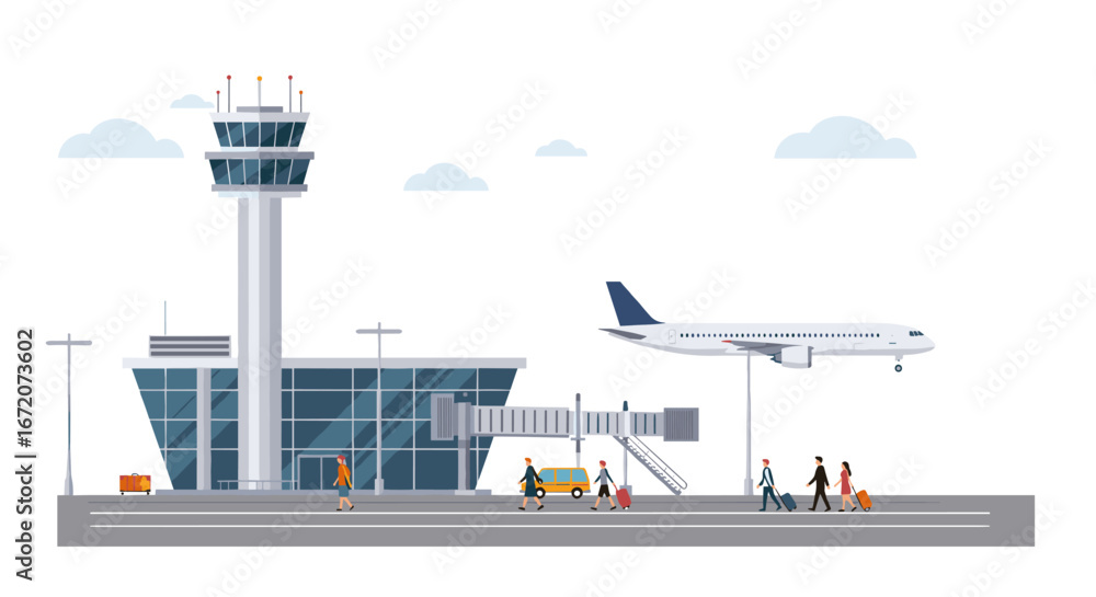 Fototapeta premium Modern airport scene with airplane and travelers in flat design