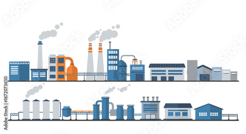 Industrial factory skyline with machinery and smoke emissions in flat design