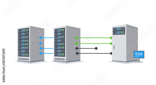 Modern data center network with connected server racks and computer terminal
