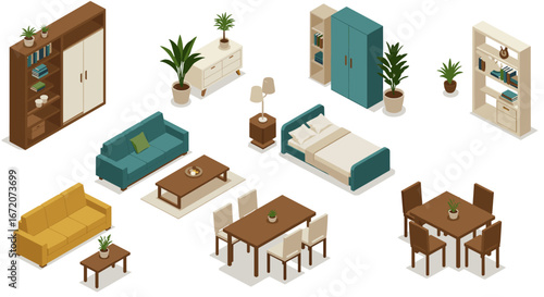 Modern isometric furniture collection for home interior design inspiration